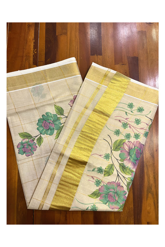 Kerala Tissue Kasavu Check Design Saree with Violet And Green Floral Prints on Body