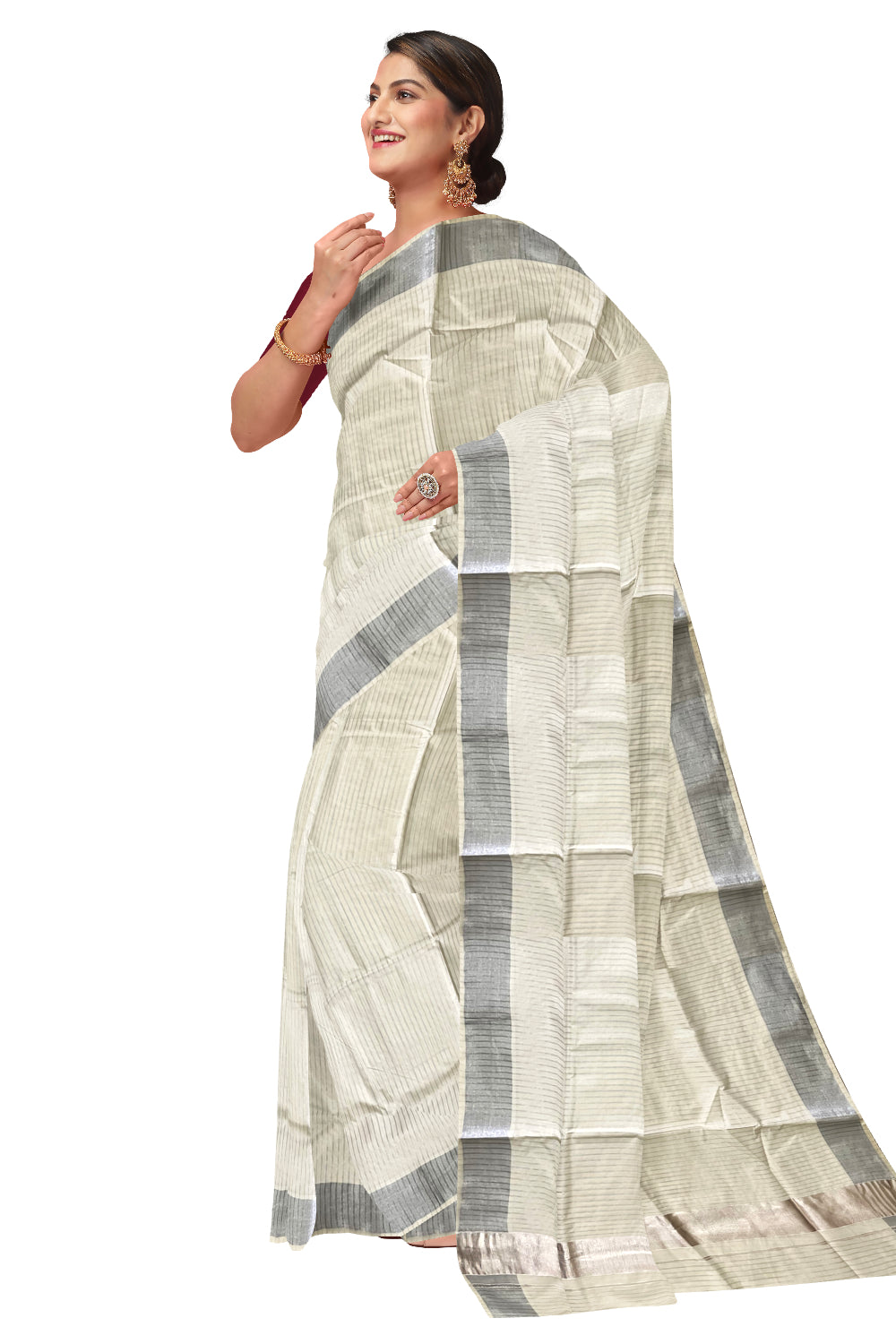 Pure Cotton Kerala Kasavu Saree with Half Fine Silver Kasavu Lines Across Body