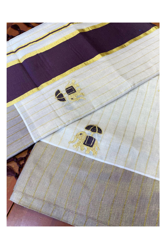 Kerala Tissue Kasavu Lines Saree with Golden And Brown Elephant Embroidery Works