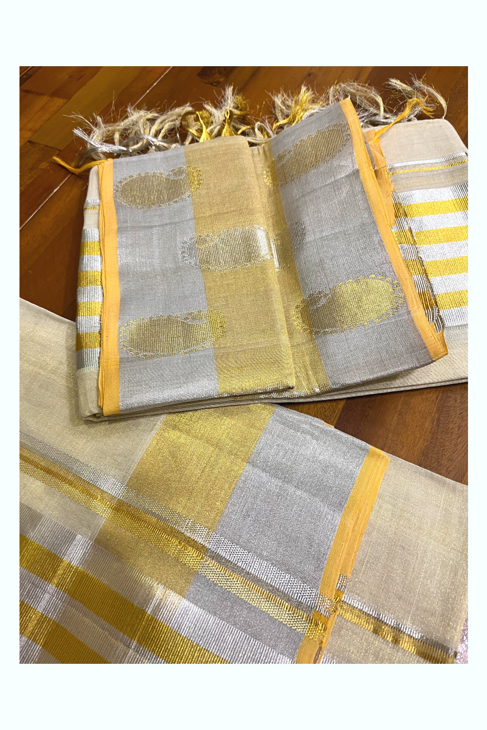 Southloom Handloom Premium Tissue Golden and Silver Kasavu Set Mundu With Paisley Woven Design Border(Mundum Neriyathum) - 2.70Mtrs