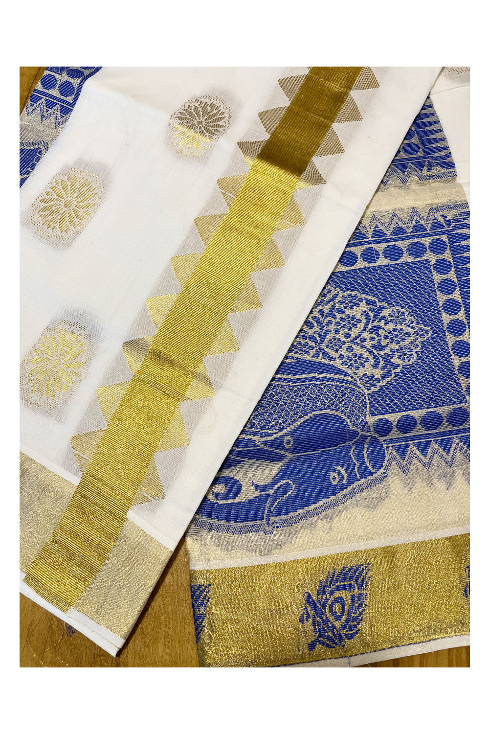 Kerala Cotton Kasavu Saree With Blue and Golden Heavy Woven Works On Body