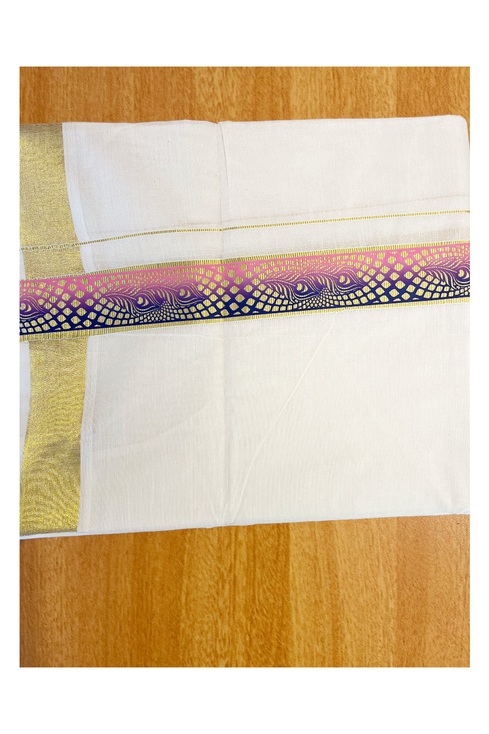 Southloom Pure Cotton Off White Double Mundu with Mural Printed Design Along Kasavu Kara
