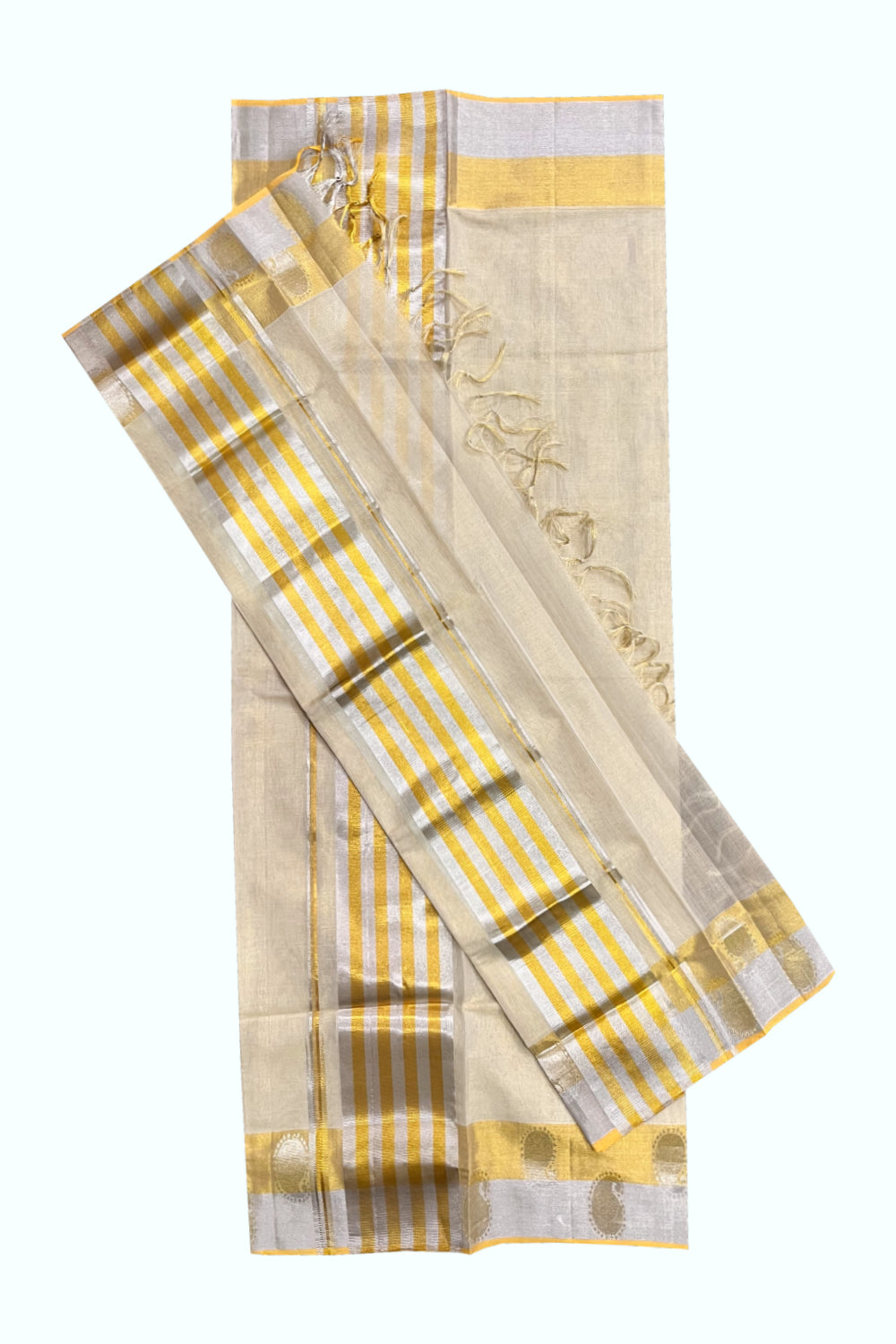 Southloom Handloom Premium Tissue Golden and Silver Kasavu Set Mundu With Paisley Woven Design Border(Mundum Neriyathum) - 2.70Mtrs
