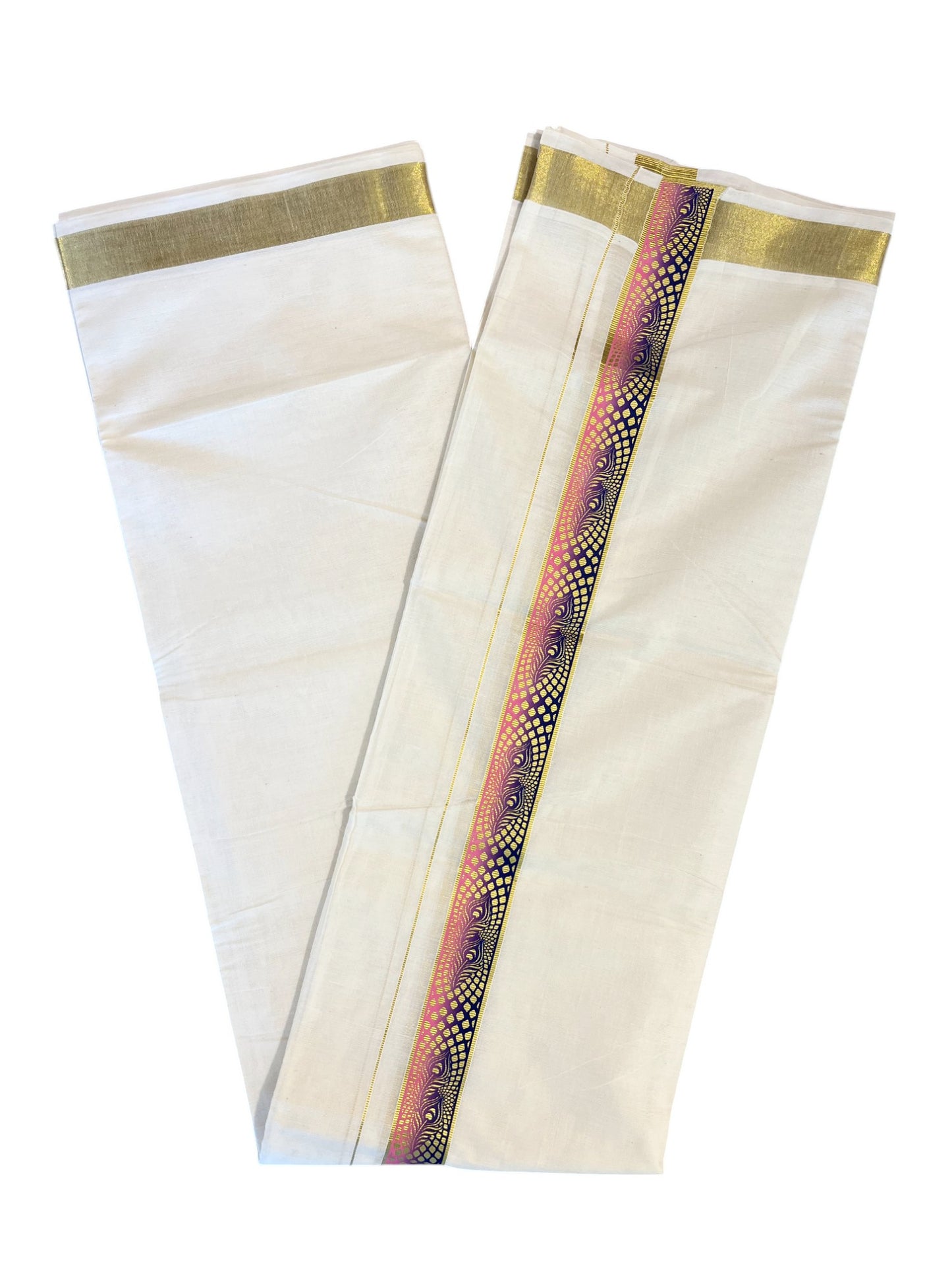 Southloom Pure Cotton Off White Double Mundu with Mural Printed Design Along Kasavu Kara
