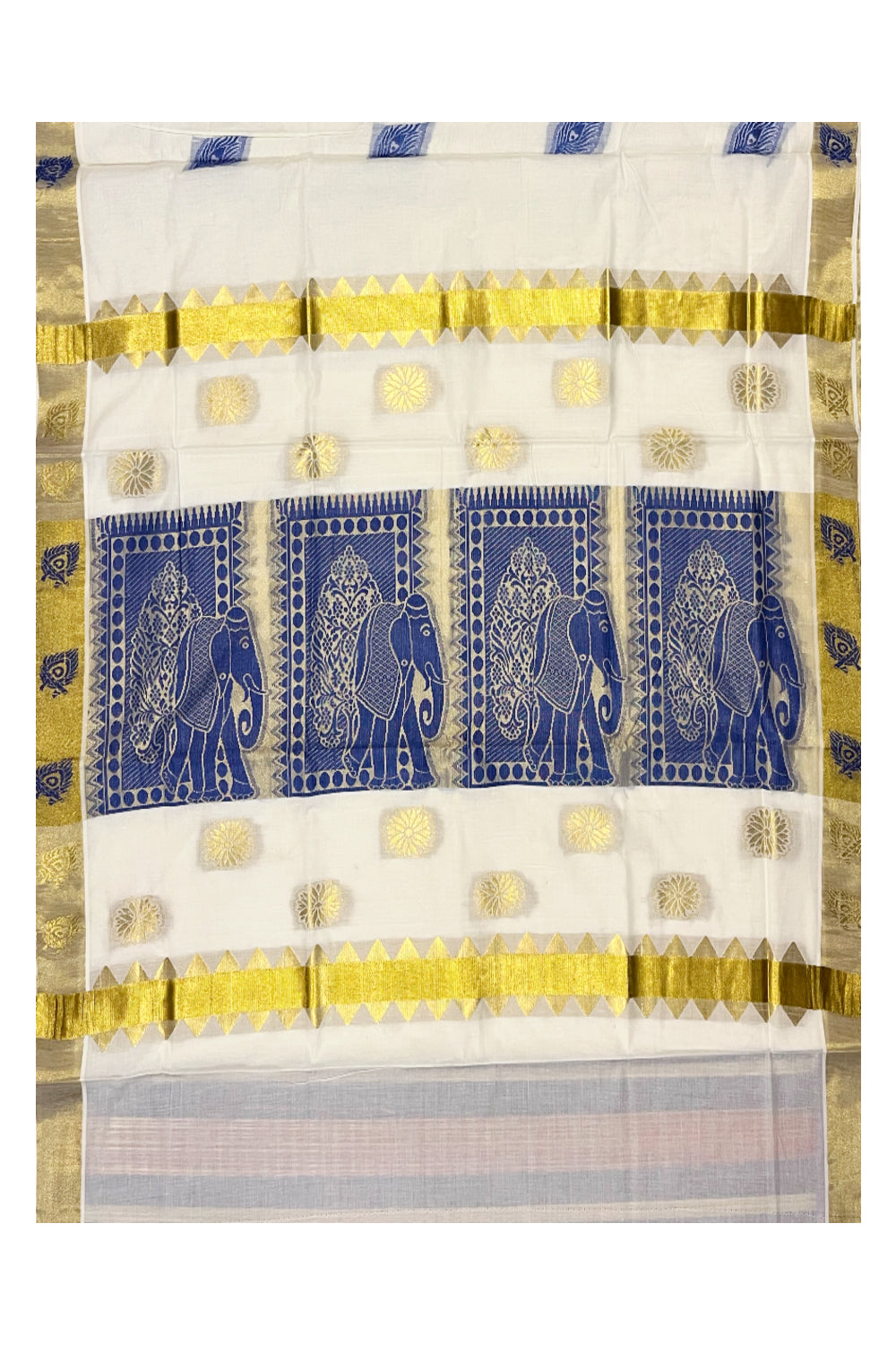 Kerala Cotton Kasavu Saree With Blue and Golden Heavy Woven Works On Body