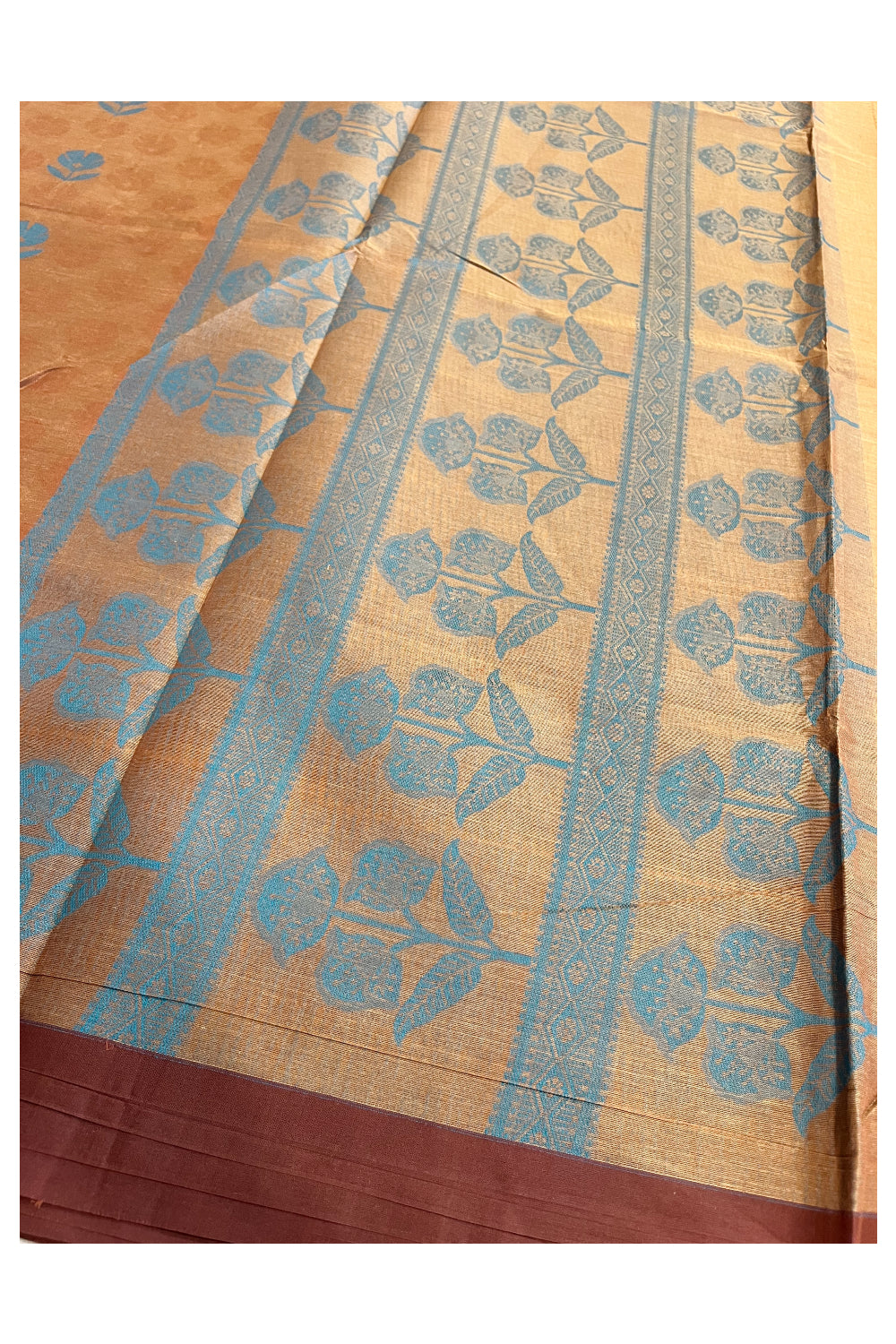 Southloom Kerala Cotton Saree with Floral Woven Works Across Body in Brown