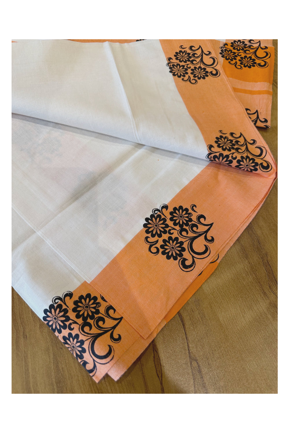 Kerala Pure Cotton Set Mundu (Mundum Neriyathum) with Block Printed Orange Border