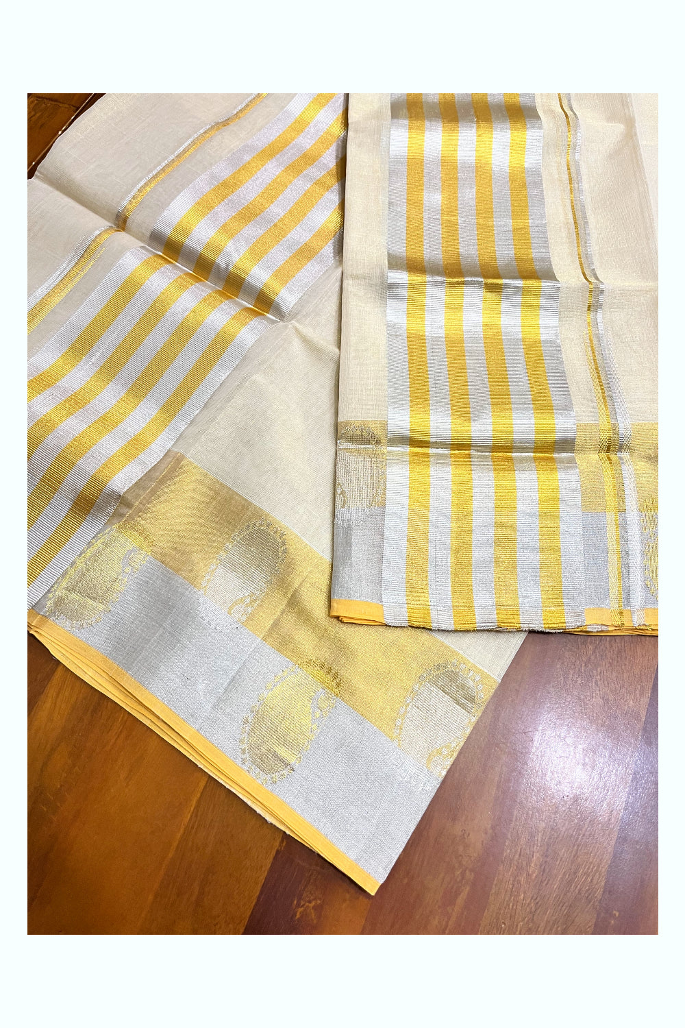 Southloom Handloom Premium Tissue Golden and Silver Kasavu Set Mundu With Paisley Woven Design Border(Mundum Neriyathum) - 2.70Mtrs