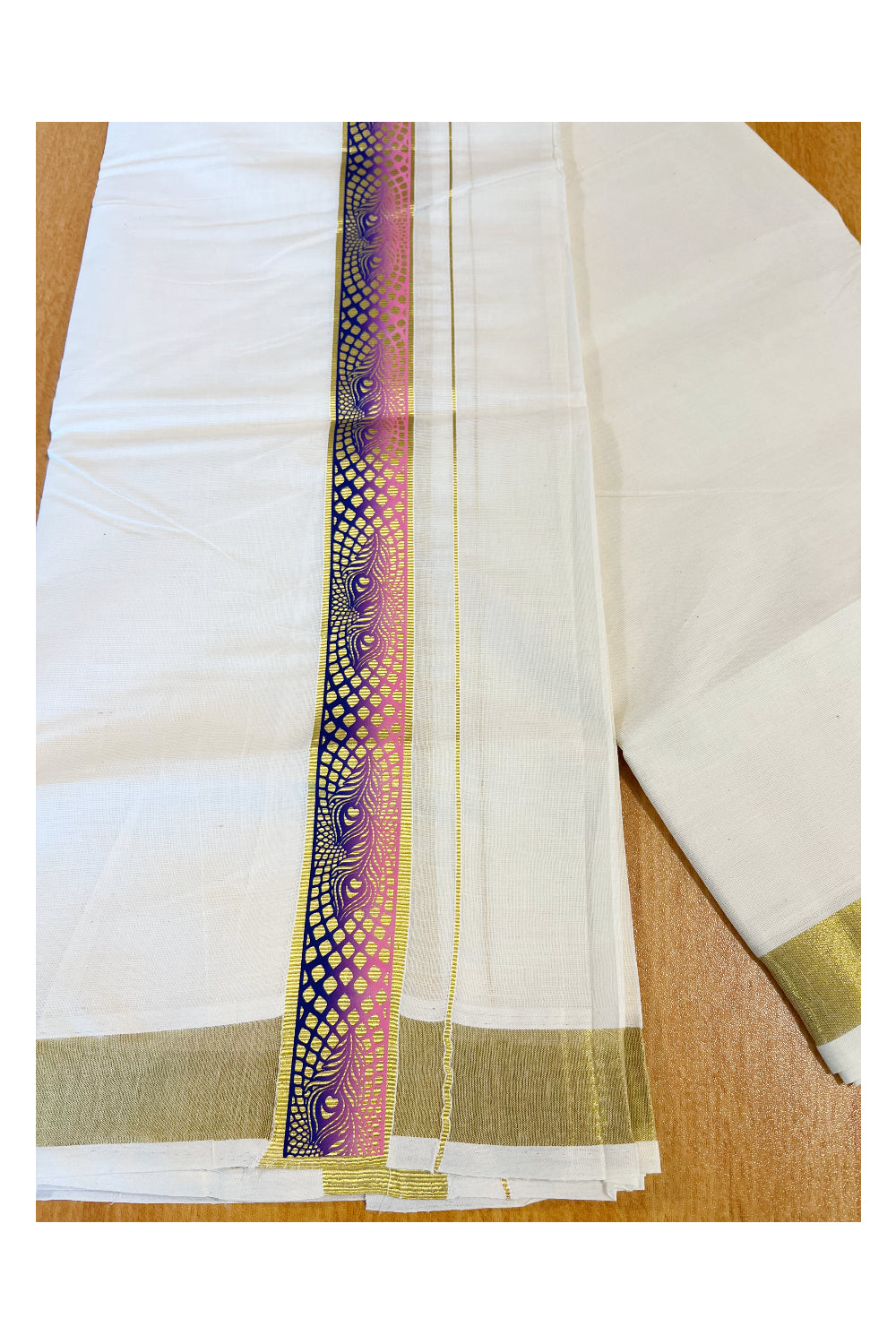 Southloom Pure Cotton Off White Double Mundu with Mural Printed Design Along Kasavu Kara