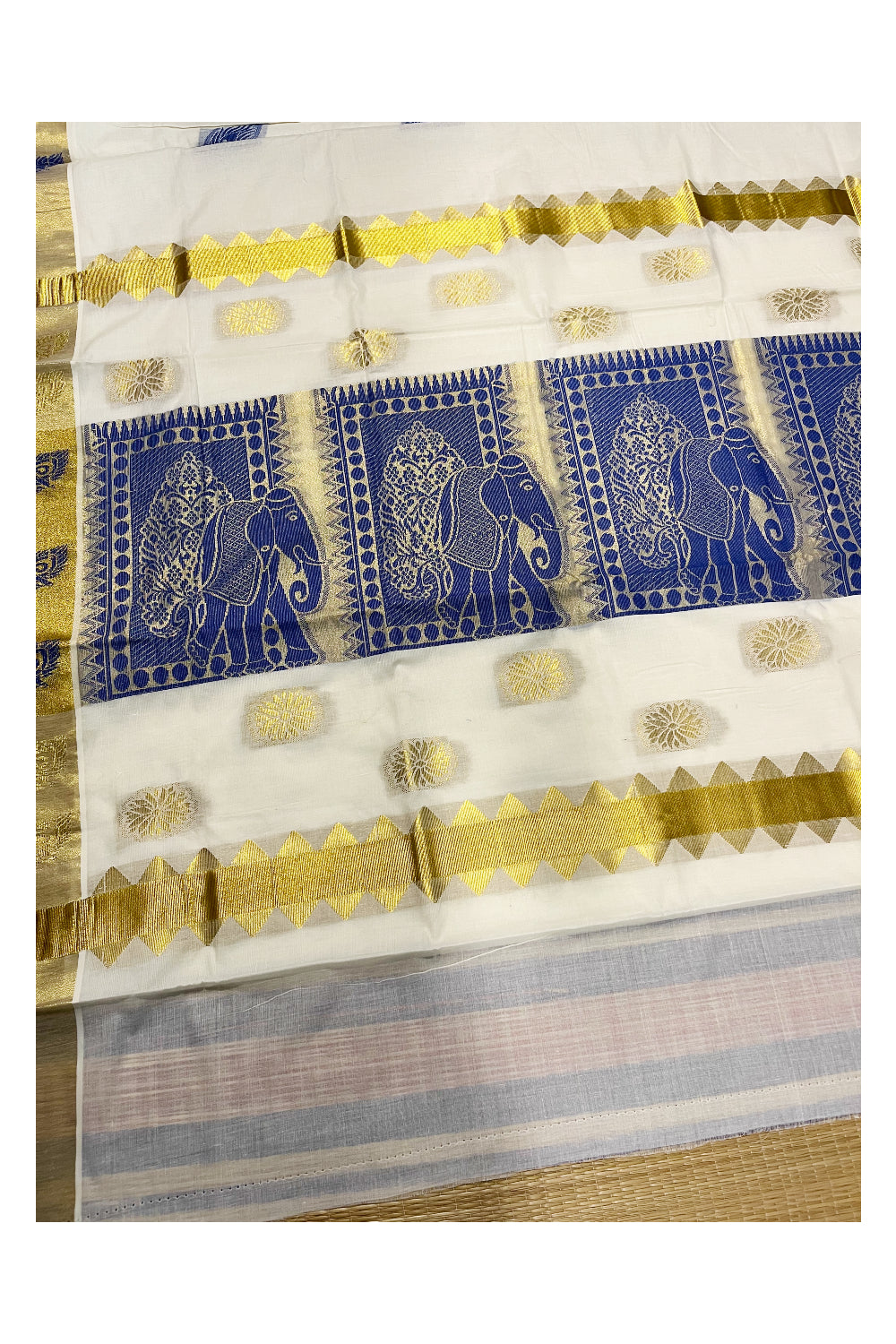 Kerala Cotton Kasavu Saree With Blue and Golden Heavy Woven Works On Body