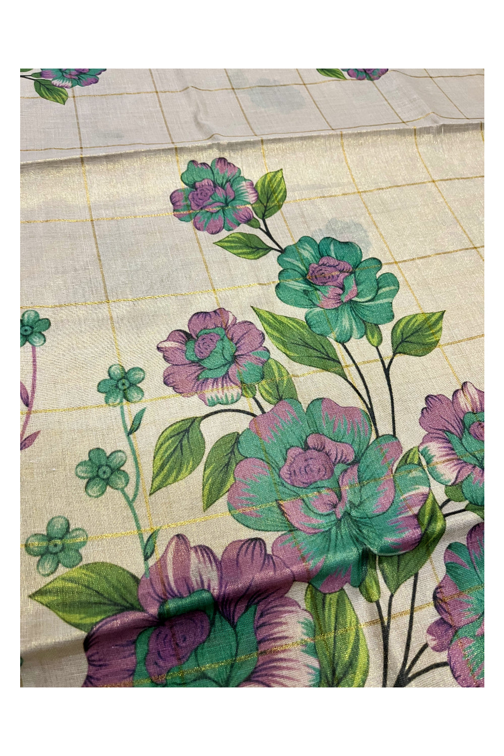 Kerala Tissue Kasavu Check Design Saree with Violet And Green Floral Prints on Body