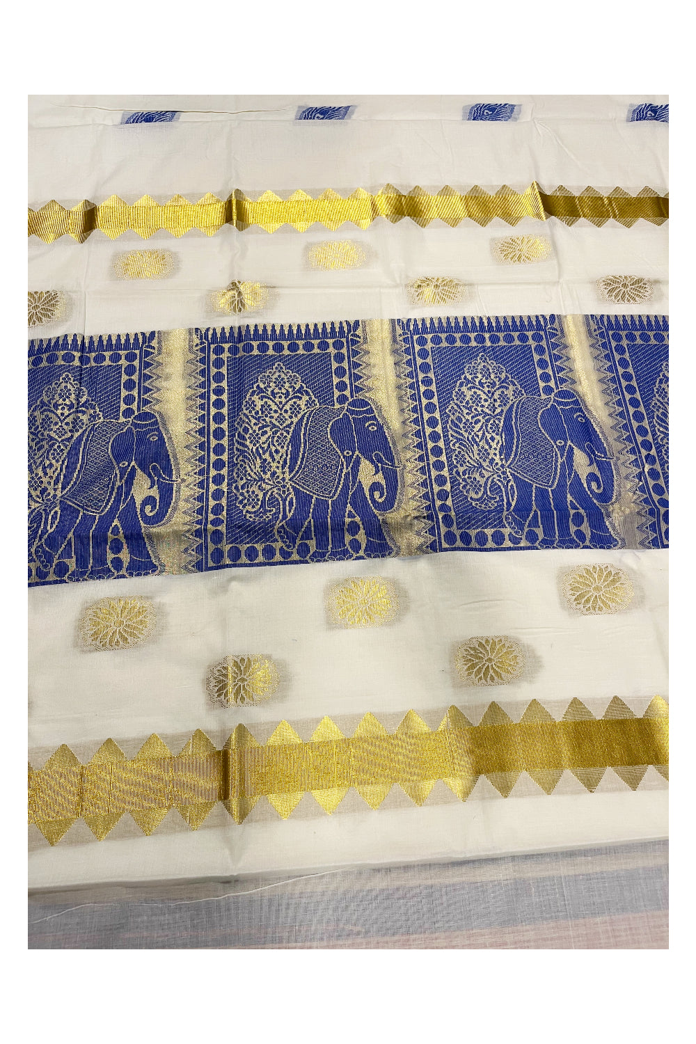 Kerala Cotton Kasavu Saree With Blue and Golden Heavy Woven Works On Body