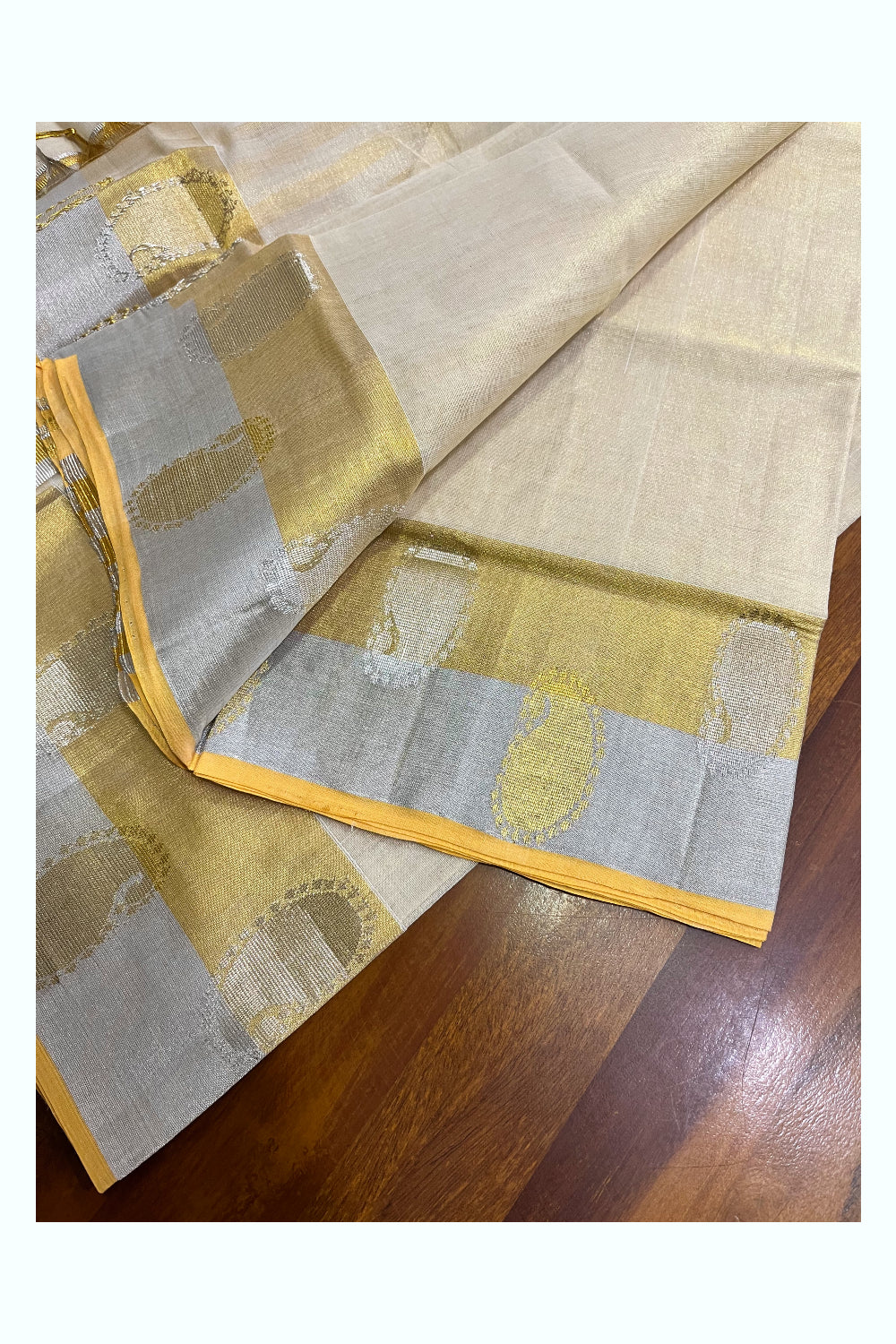 Southloom Handloom Premium Tissue Golden and Silver Kasavu Set Mundu With Paisley Woven Design Border(Mundum Neriyathum) - 2.70Mtrs