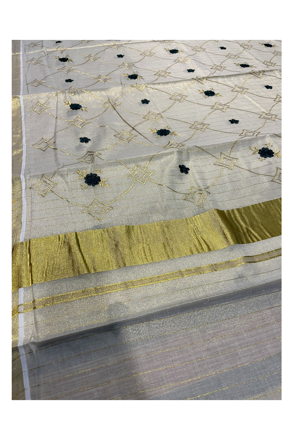 Kerala Tissue Kasavu Stripes Saree with Green Floral Embroidery Design on Body
