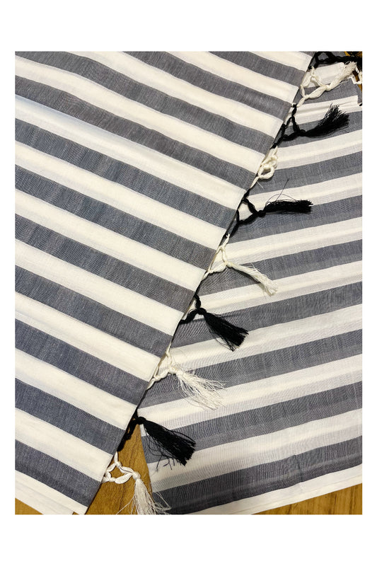 Kerala Pure Cotton Black Lines Saree with Tassels Work