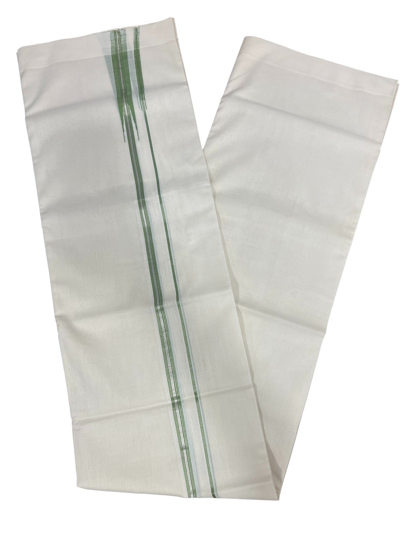 Southloom Premium Handloom Cotton Double Mundu with Green And Silver Line Border