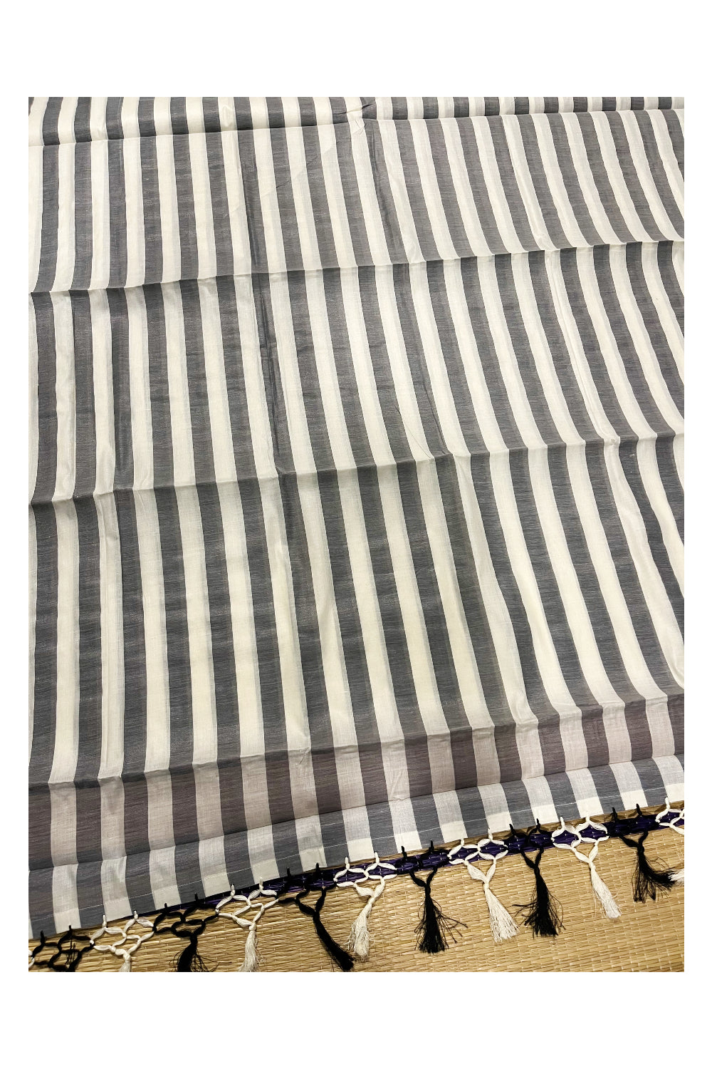 Kerala Pure Cotton Black Lines Saree with Tassels Work
