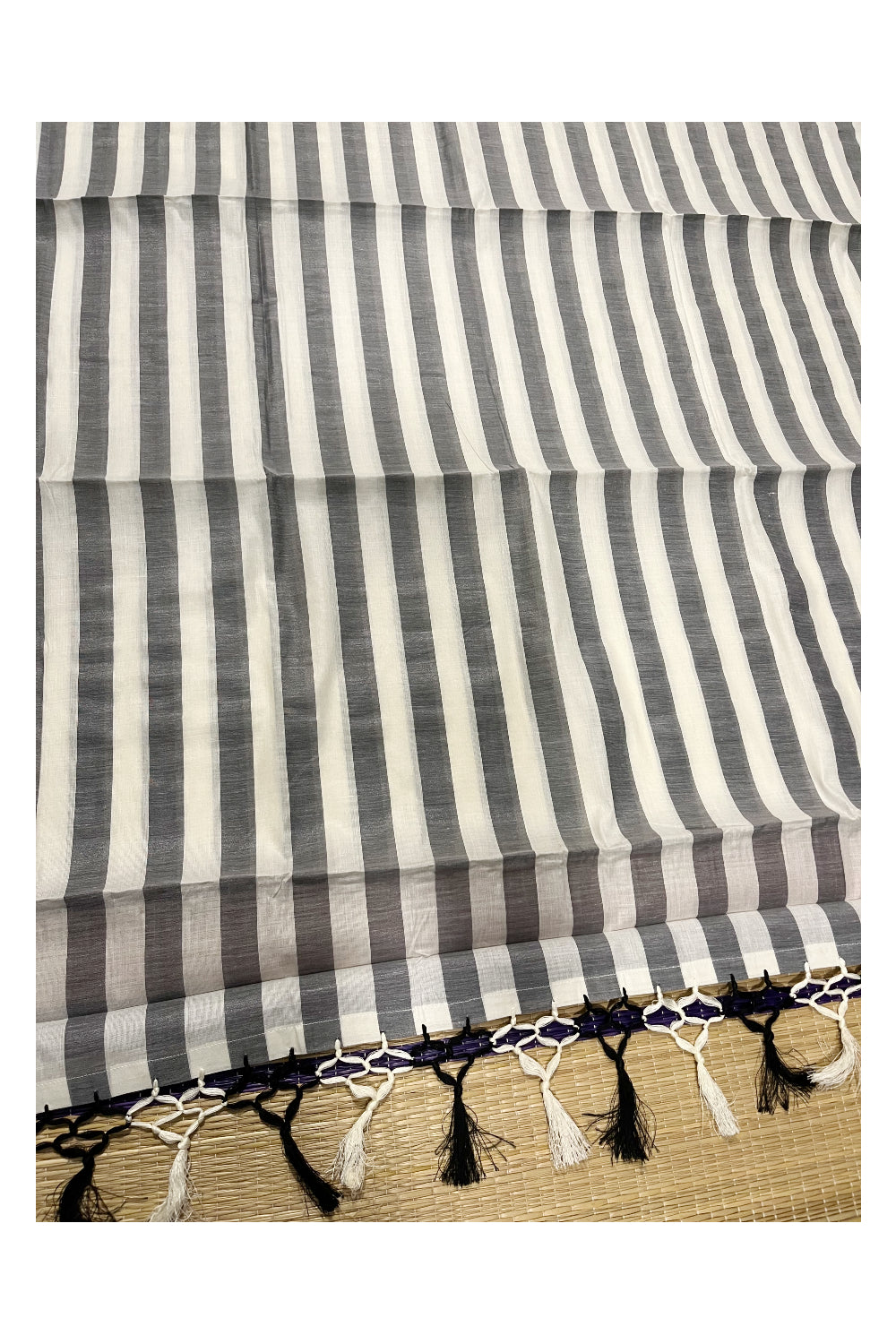 Kerala Pure Cotton Black Lines Saree with Tassels Work