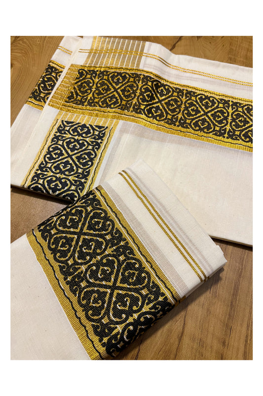 Kerala Pure Cotton Set Mundu Single (Mundum Neriyathum) with Black Block Prints on Kasavu Border 2.80Mtrs