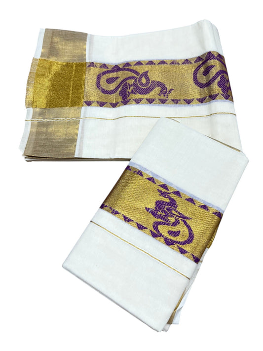 Kerala Pure Cotton Set Mundu (Mundum Neriyathum) with Violet Block Prints on Kasavu Border-2.80Mtrs