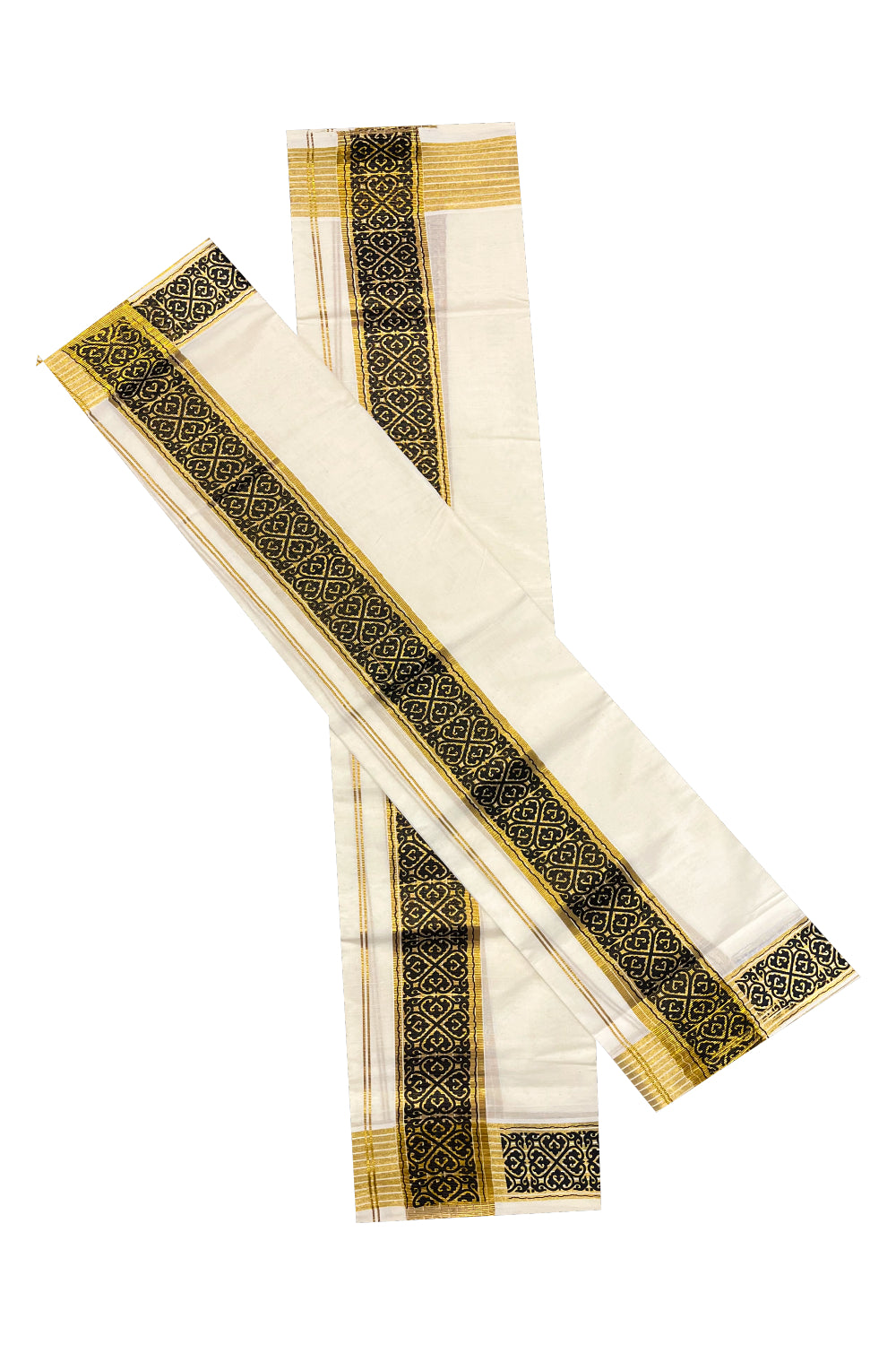 Kerala Pure Cotton Set Mundu Single (Mundum Neriyathum) with Black Block Prints on Kasavu Border 2.80Mtrs