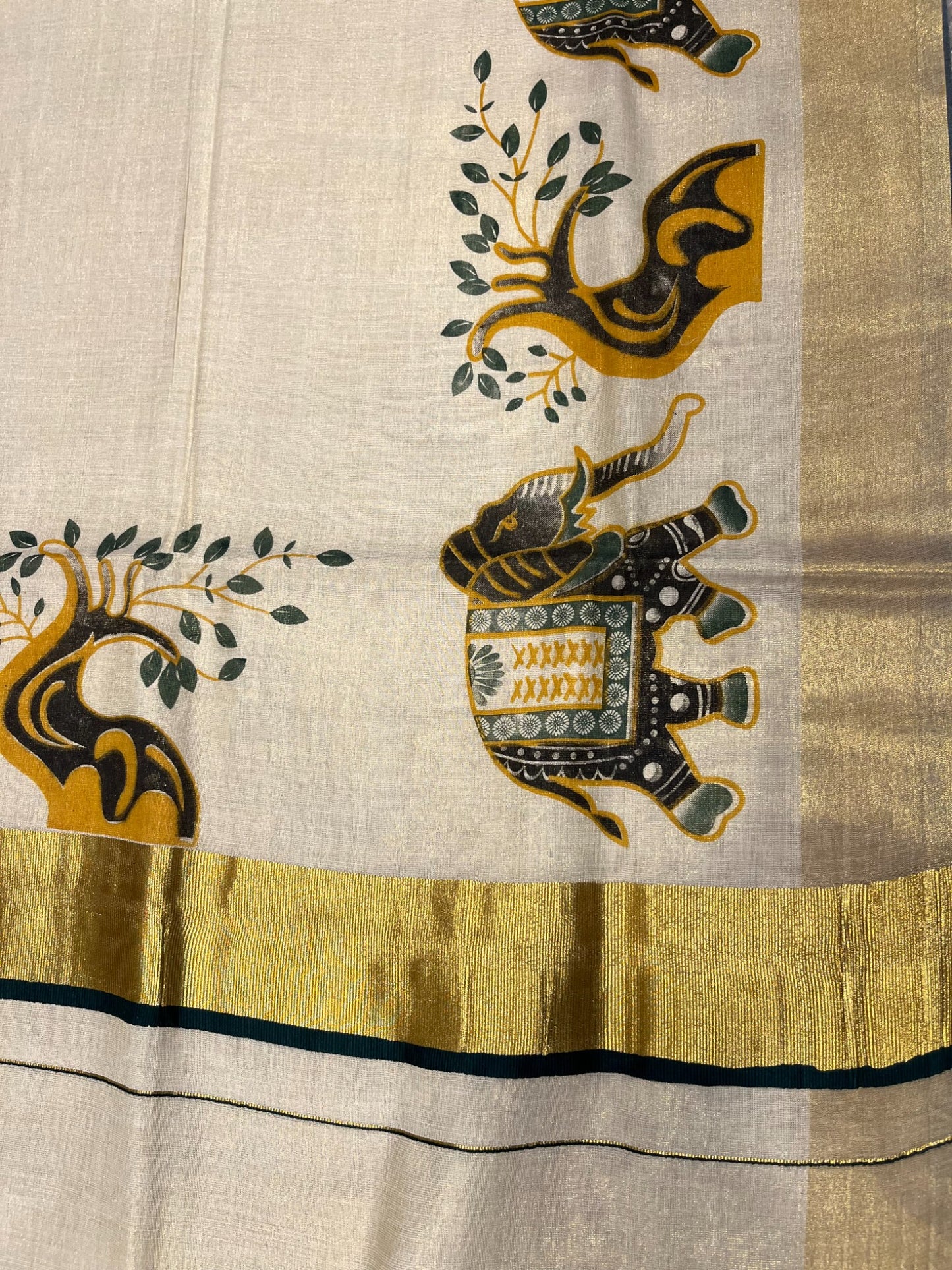 Southloom Kerala Tissue Kasavu Saree with Green Elephant Hand Printed Across Body