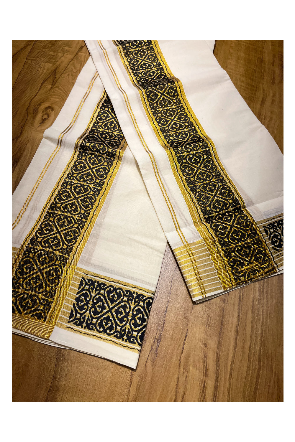 Kerala Pure Cotton Set Mundu Single (Mundum Neriyathum) with Black Block Prints on Kasavu Border 2.80Mtrs