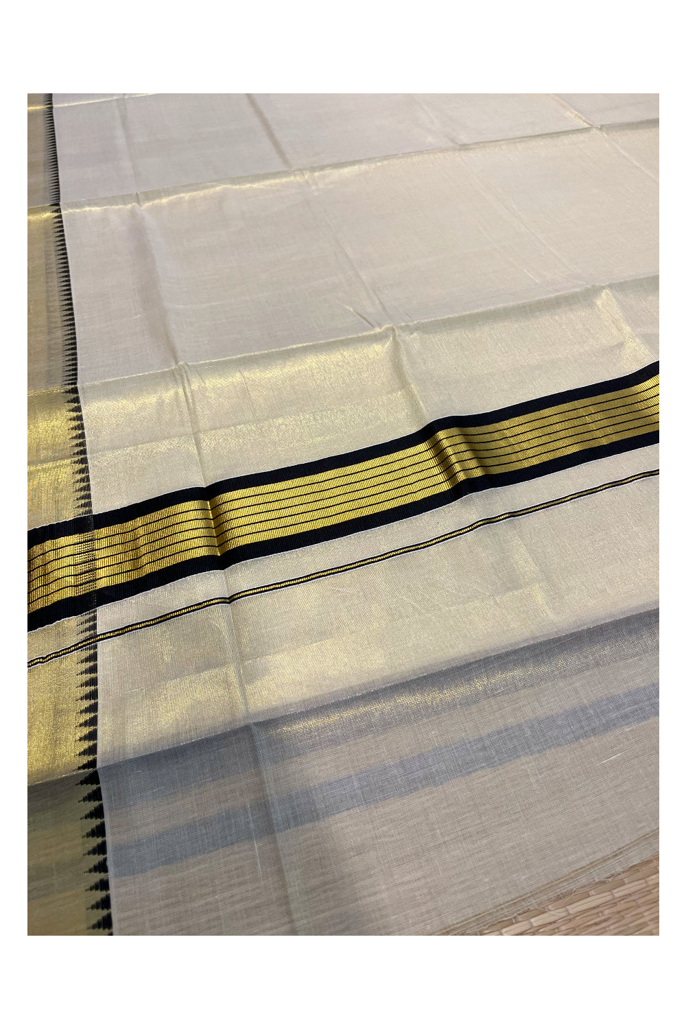 Kerala Tissue Kasavu Saree With Black Temple Woven Works on Border