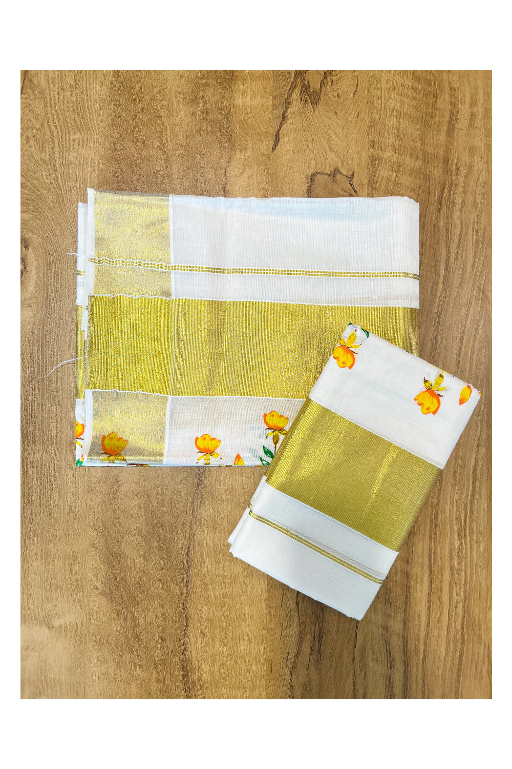 Kerala Cotton Single Set Mundu (Mundum Neriyathum) with Yellow Orange And Green Floral Block Printed Design 2.80Mtrs
