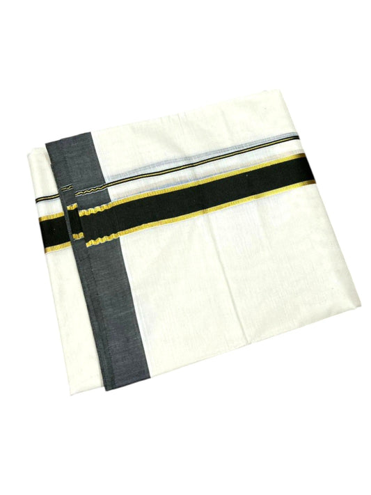 Southloom Pure Cotton Mundu with Gold Kasavu and Olive Green Colour Border (South Indian Kerala Dhoti)
