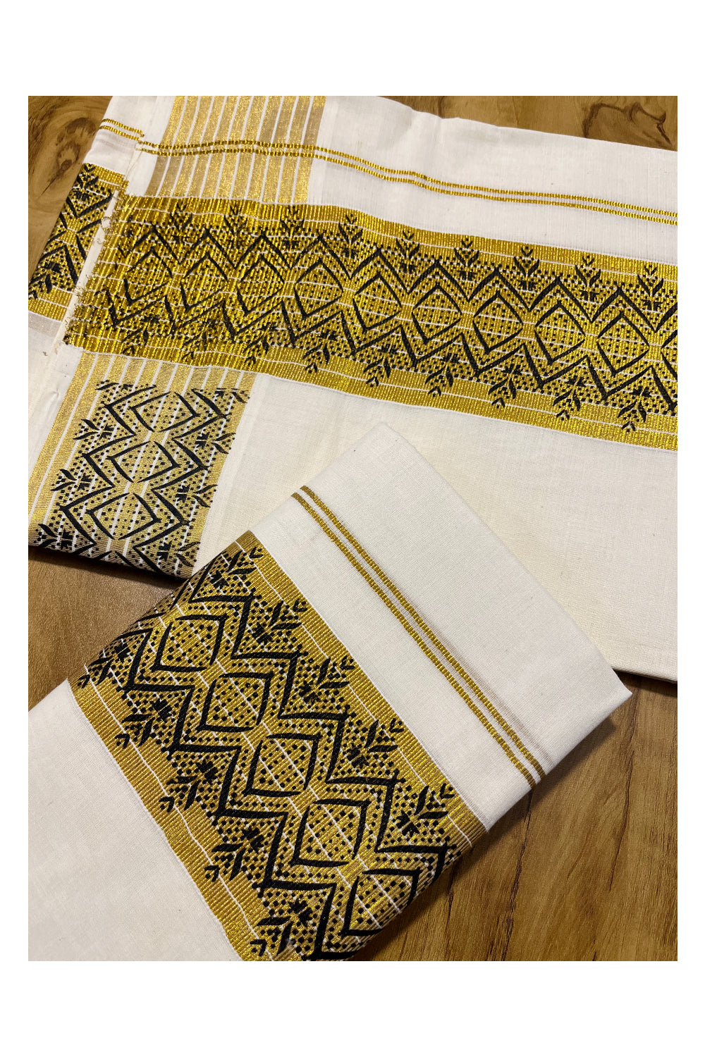 Kerala Pure Cotton Set Mundu Single (Mundum Neriyathum) with Black Block Prints on Kasavu Border 2.80Mtrs