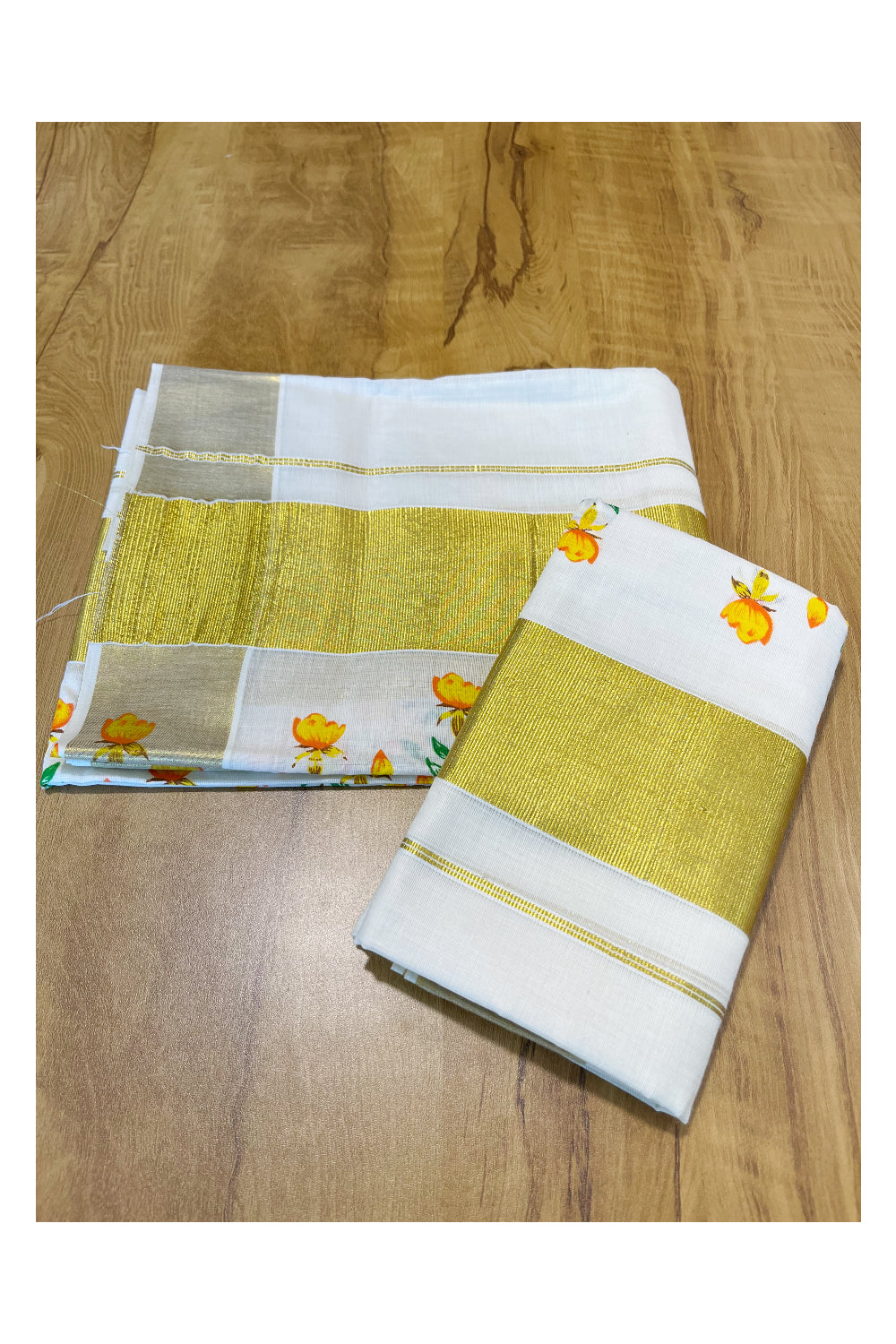 Kerala Cotton Single Set Mundu (Mundum Neriyathum) with Yellow Orange And Green Floral Block Printed Design 2.80Mtrs