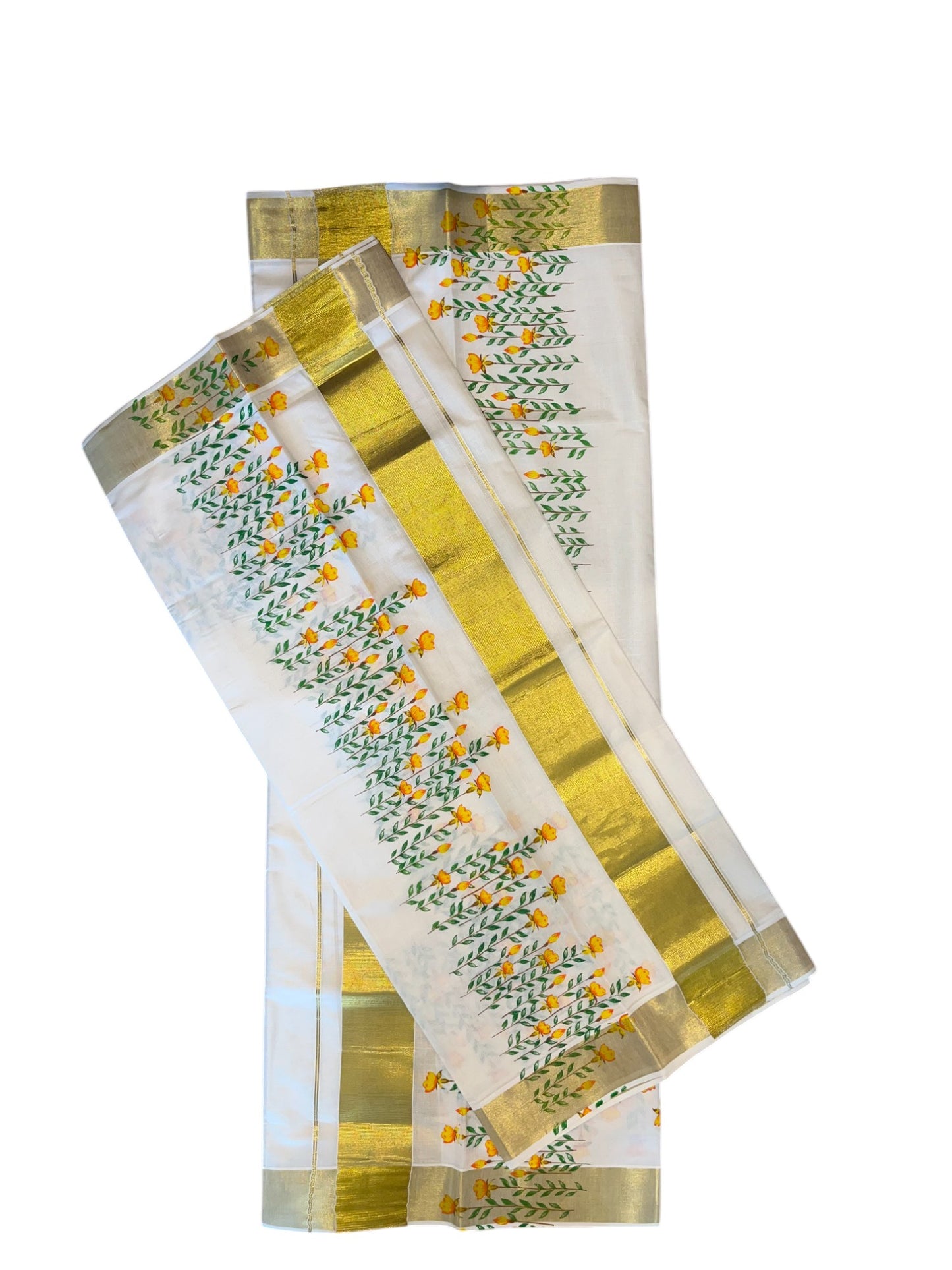 Kerala Cotton Single Set Mundu (Mundum Neriyathum) with Yellow Orange And Green Floral Block Printed Design 2.80Mtrs