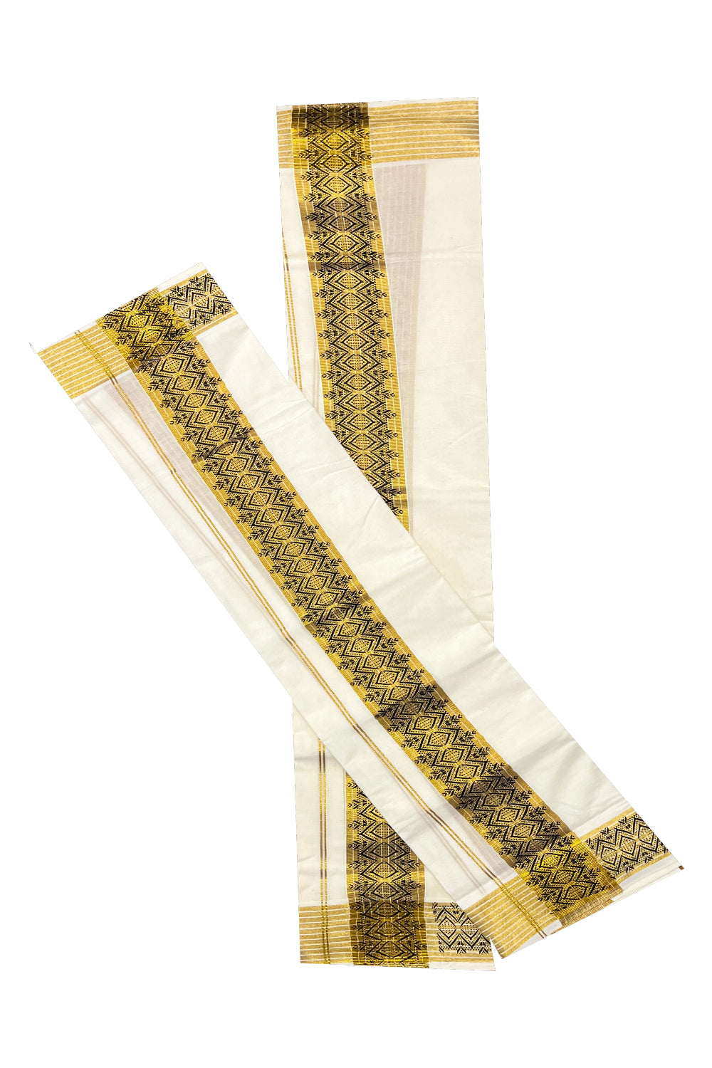 Kerala Pure Cotton Set Mundu Single (Mundum Neriyathum) with Black Block Prints on Kasavu Border 2.80Mtrs