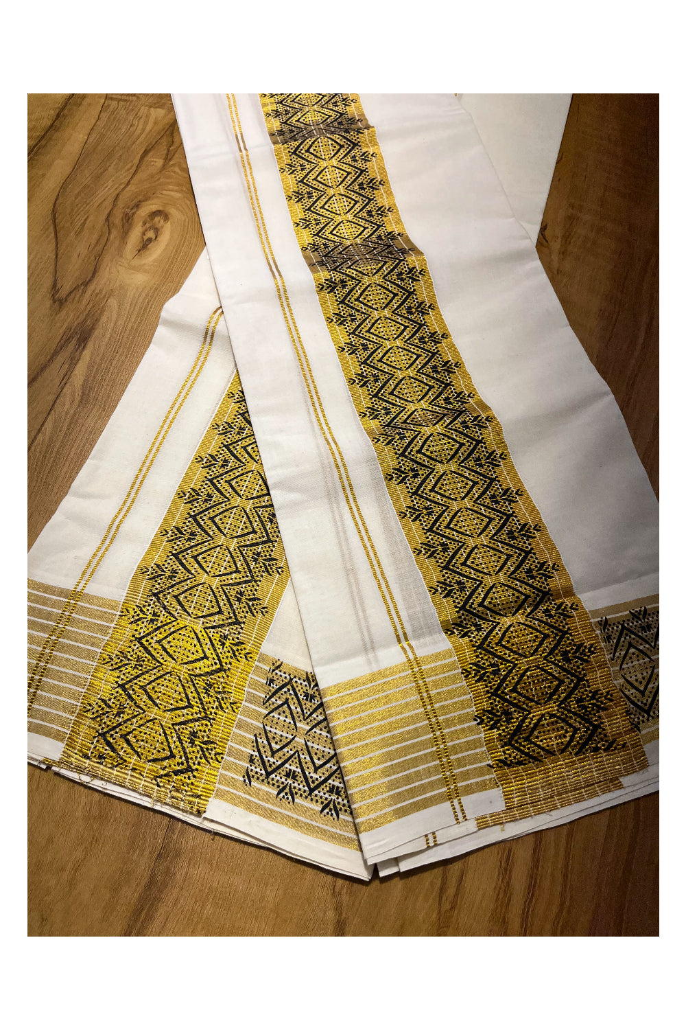 Kerala Pure Cotton Set Mundu Single (Mundum Neriyathum) with Black Block Prints on Kasavu Border 2.80Mtrs