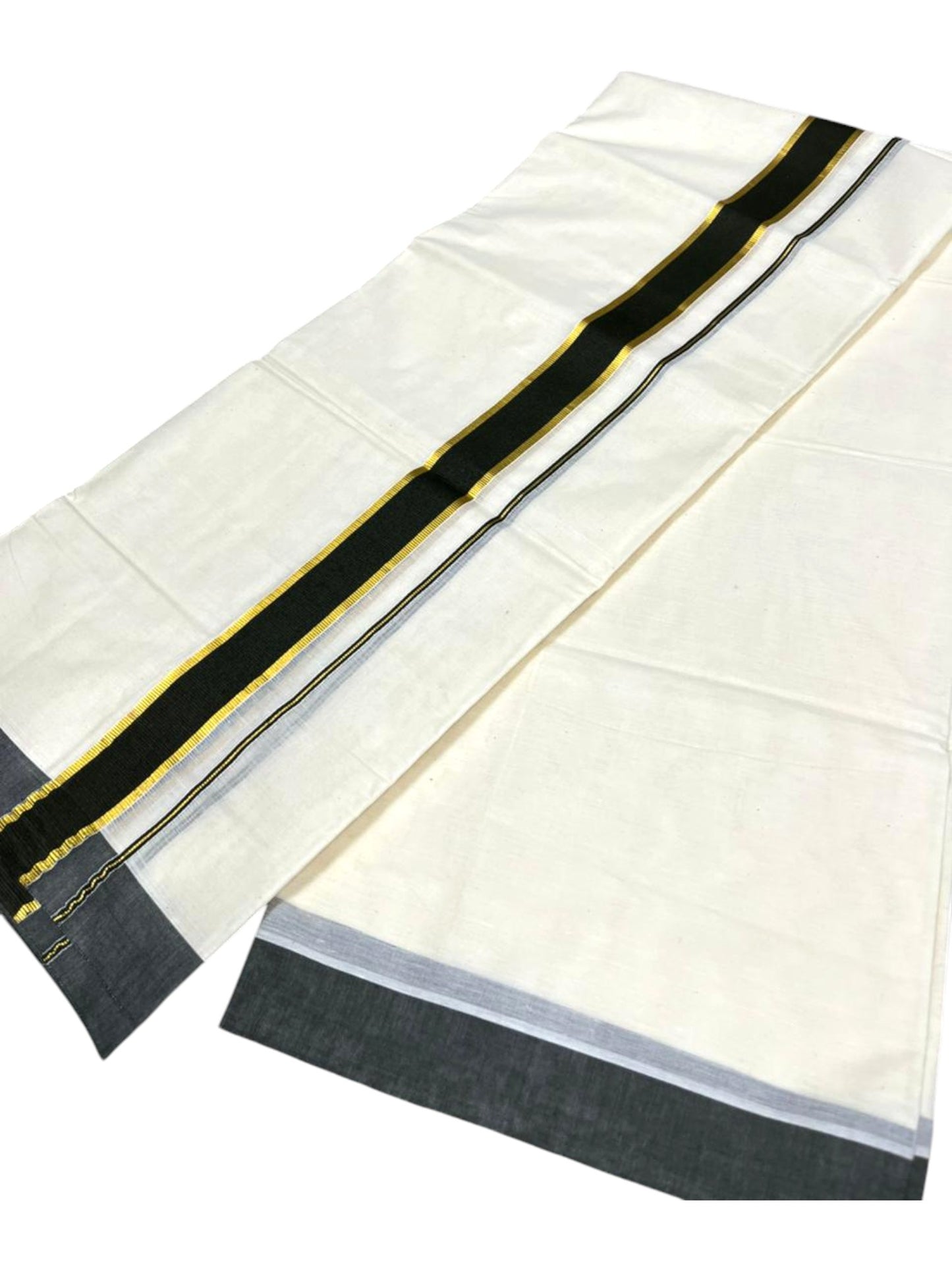 Southloom Pure Cotton Mundu with Gold Kasavu and Olive Green Colour Border (South Indian Kerala Dhoti)