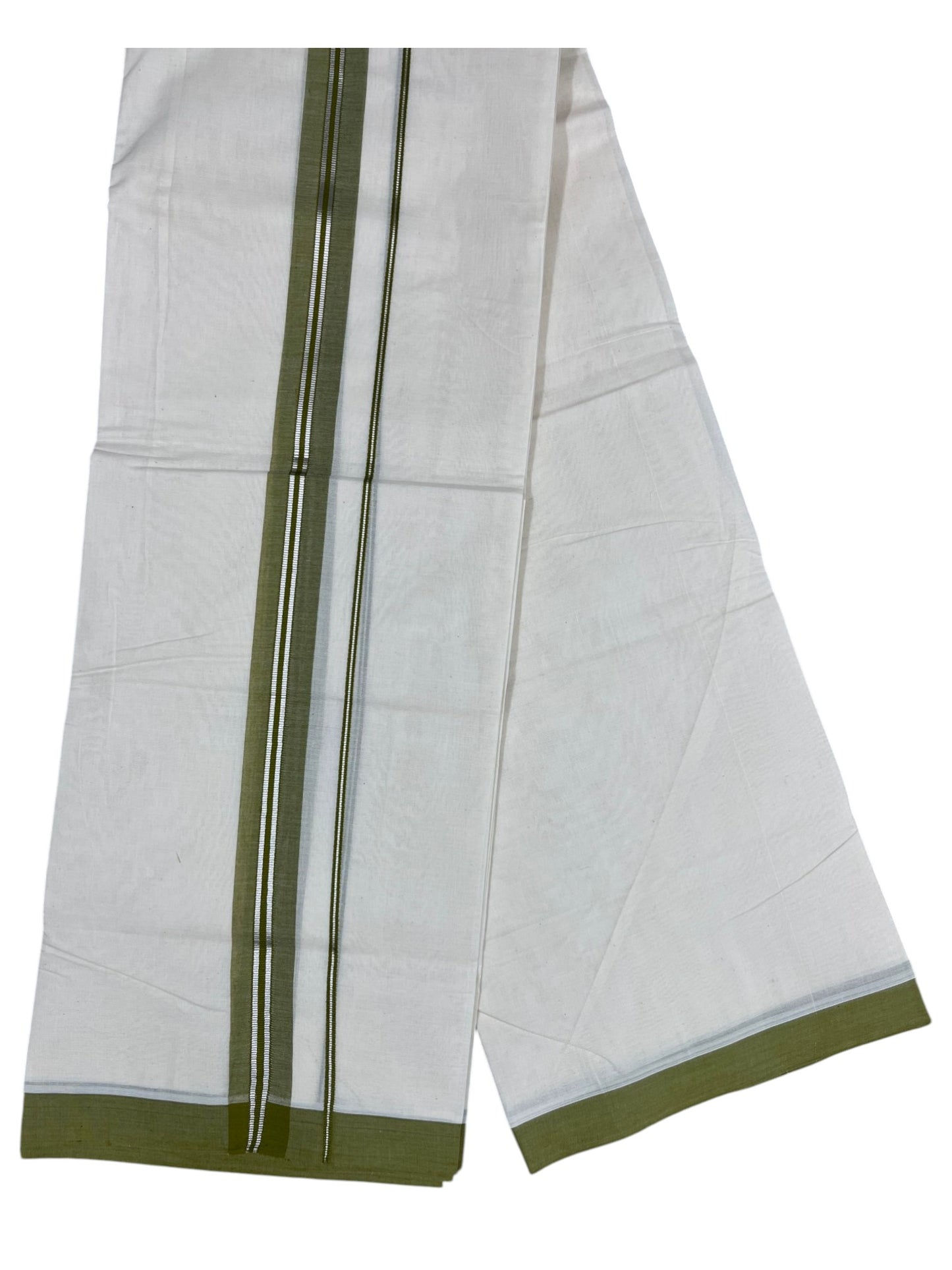 Southloom Pure Cotton Mundu with Silver Lines and Olive Green Border (South Indian Kerala Dhoti)