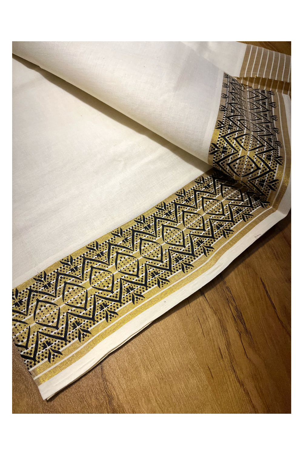 Kerala Pure Cotton Set Mundu Single (Mundum Neriyathum) with Black Block Prints on Kasavu Border 2.80Mtrs