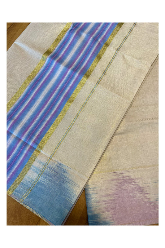 Southloom Kerala Tissue Kasavu Saree with Blue and Cream Pochampally Design on Borders and Kara
