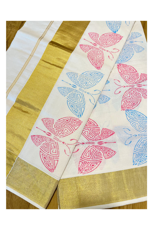 Southloom Cotton Kerala Kasavu Saree with Pink And Blue Butterfly Block Prints On Border