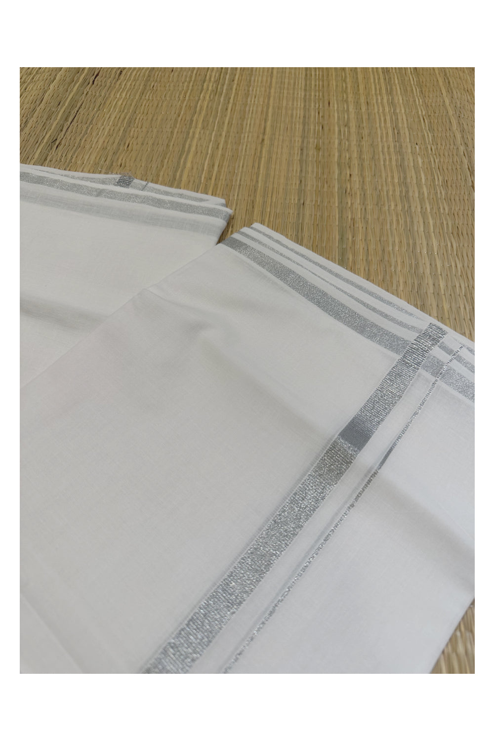Pure White Cotton Double Mundu with Half Inch Silver Kasavu Kara (South Indian Kerala Dhoti)