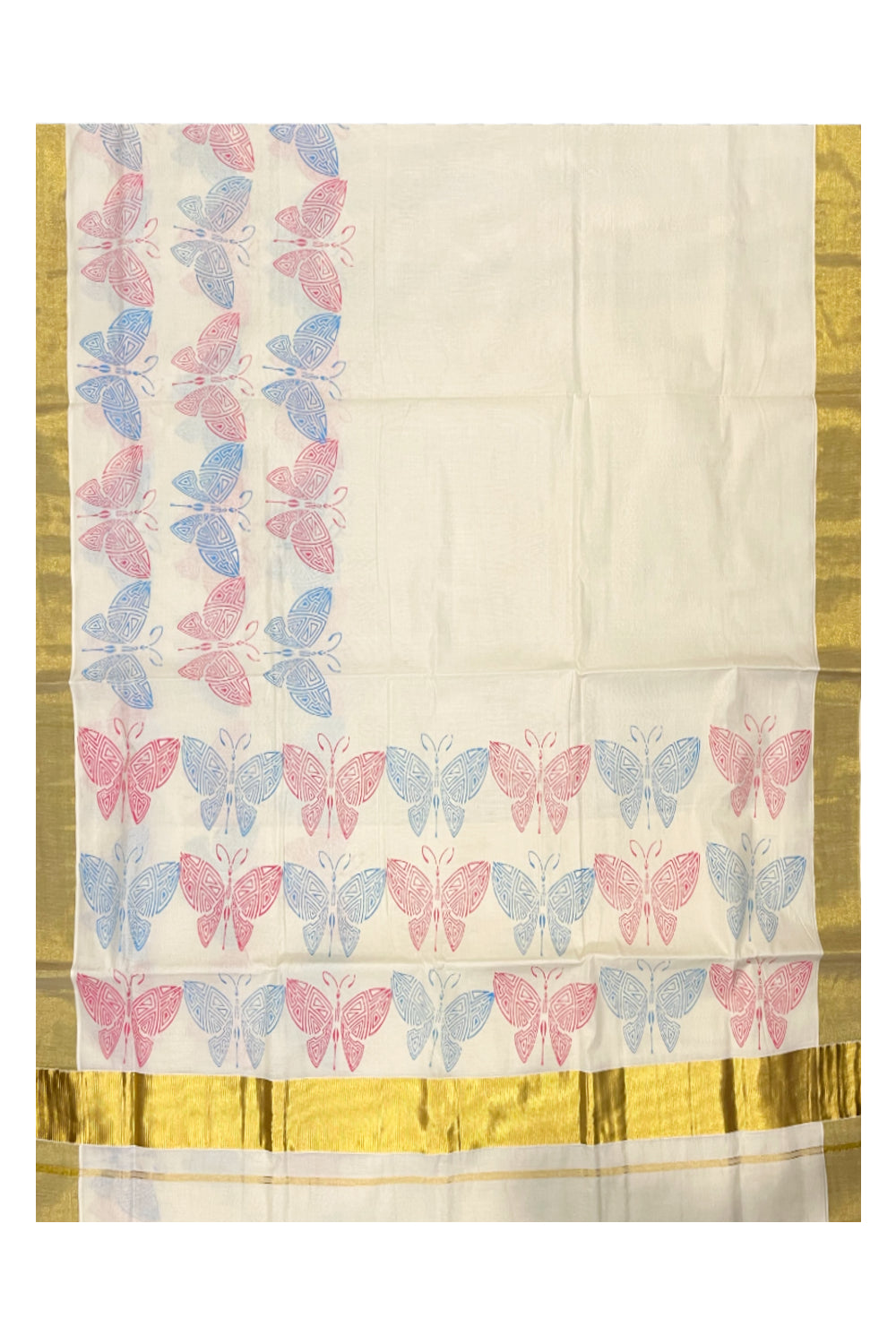 Southloom Cotton Kerala Kasavu Saree with Pink And Blue Butterfly Block Prints On Border