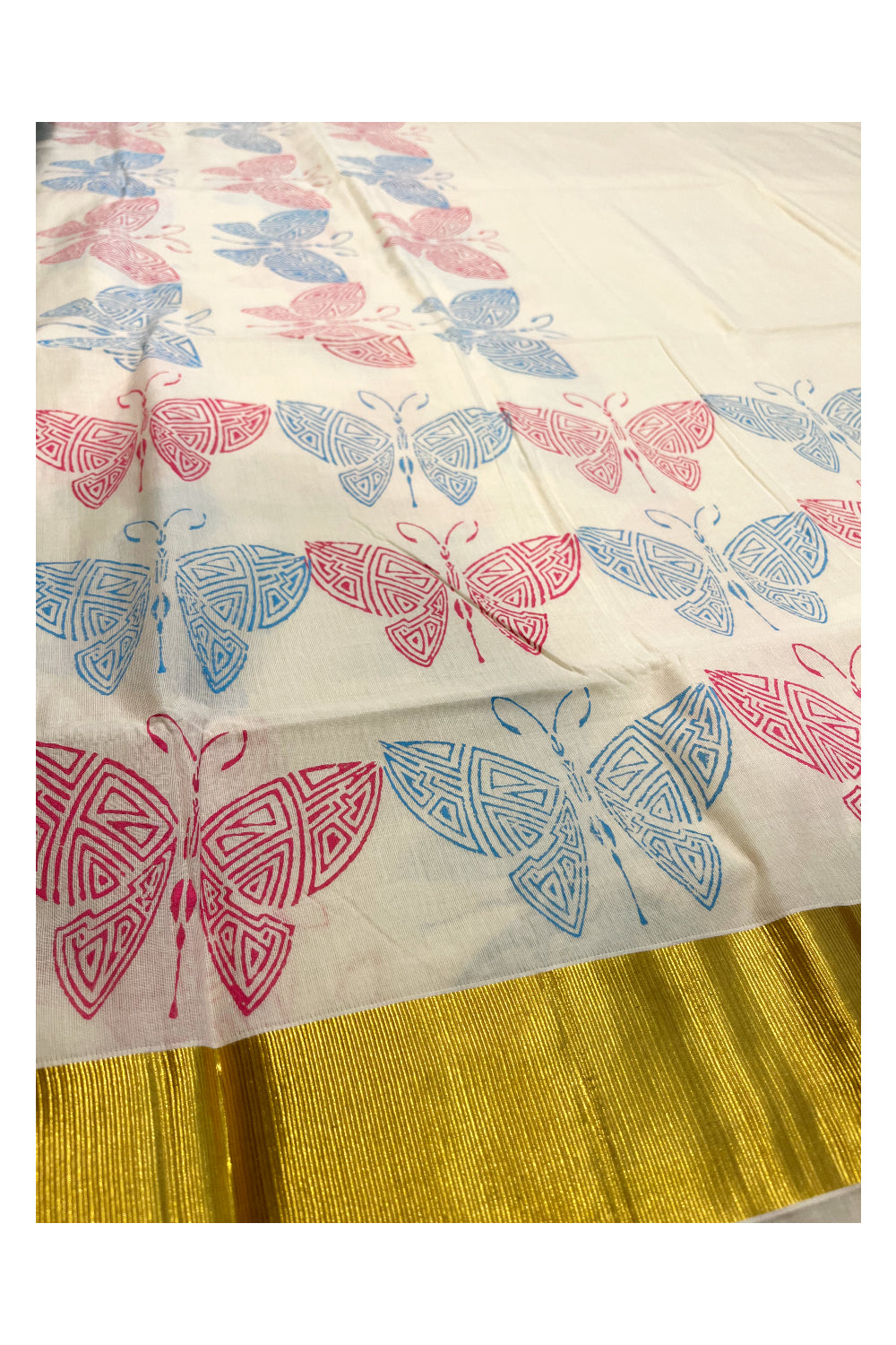 Southloom Cotton Kerala Kasavu Saree with Pink And Blue Butterfly Block Prints On Border