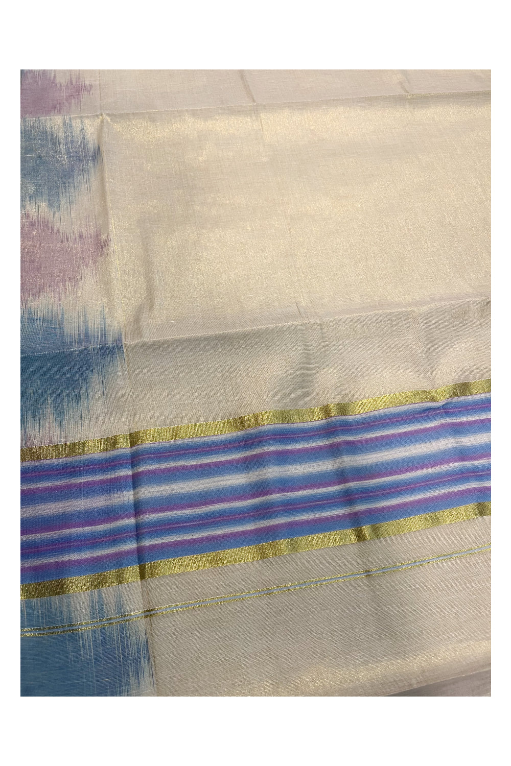 Southloom Kerala Tissue Kasavu Saree with Blue and Cream Pochampally Design on Borders and Kara