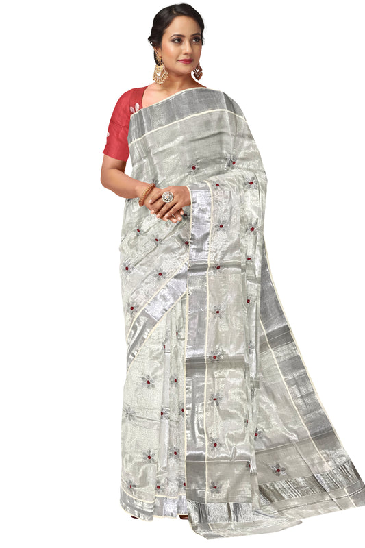 Kerala Silver Tissue Kasavu Saree with Floral Embroidery Works on Body and Red Blouse Piece