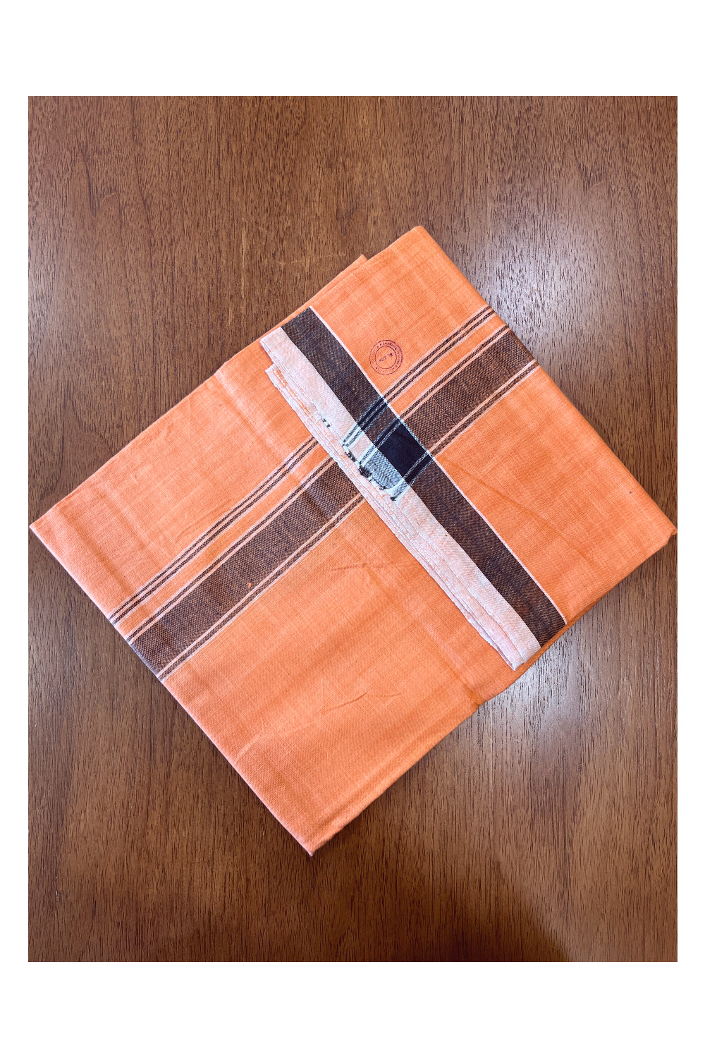 Southloom Premium Handloom Saffron (Kaavi) Solid Single Mundu (Lungi) with Black Border (South Indian Kerala Dhoti)