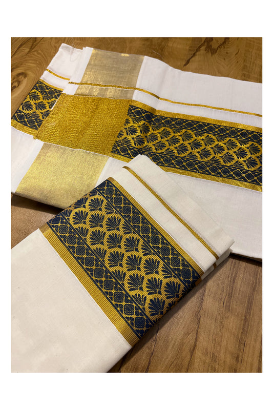 Kerala Pure Cotton Set Mundu Single (Mundum Neriyathum) with Blue Block Prints on Kasavu Border 2.80Mtrs