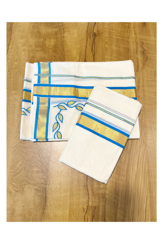 Kerala Cotton Single Mundum Neriyathum (Set Mundu) with Blue Golden Floral Embroidery Designs in Blue and Kasavu Border