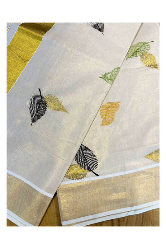Kerala Tissue Kasavu Saree with Green Orange And Brown Leaf Embroidery Works
