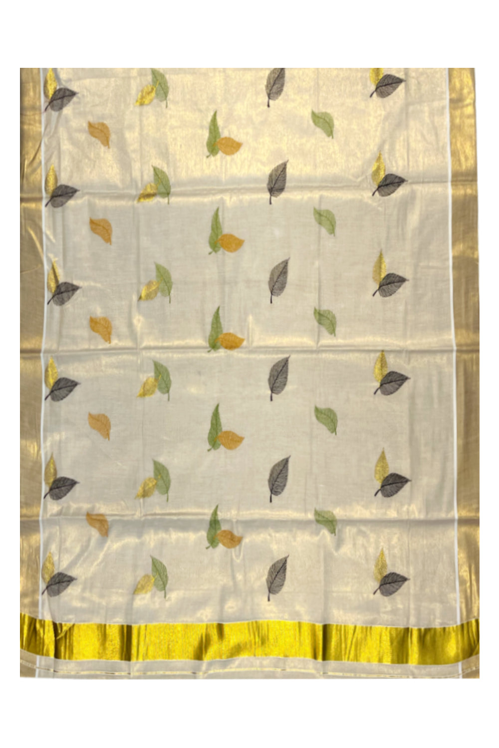 Kerala Tissue Kasavu Saree with Green Orange And Brown Leaf Embroidery Works